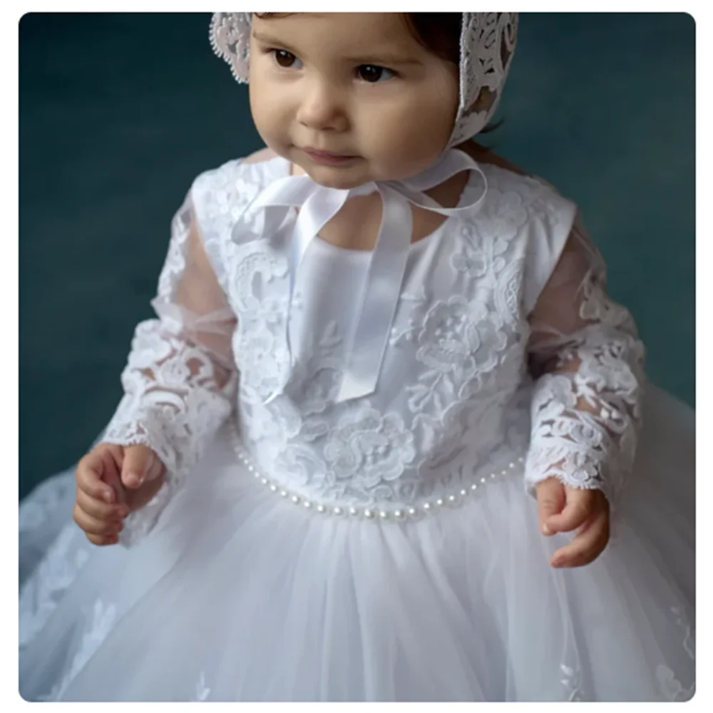 Vestidos de encaje blanco para niña, vestidos de tul de manga larga hinchados para bodas, fiesta de cumpleaños, desfile, primera comunión