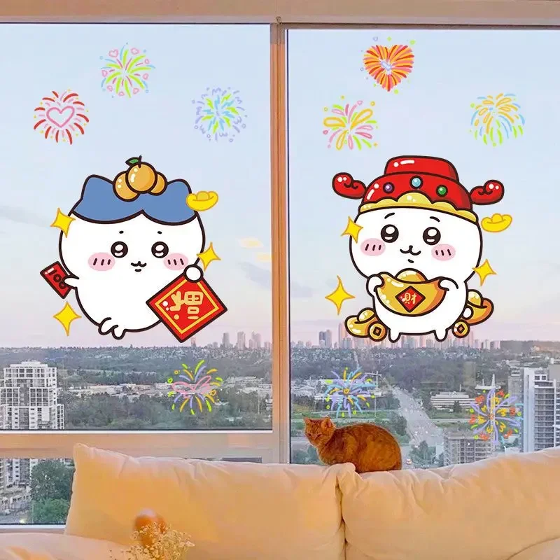 

Cute Chiikawas 2025 Usagi Hachiwares New Year Blessing Stickers Glass Sliding Door Bay Window Shop Decoration Window Stickers