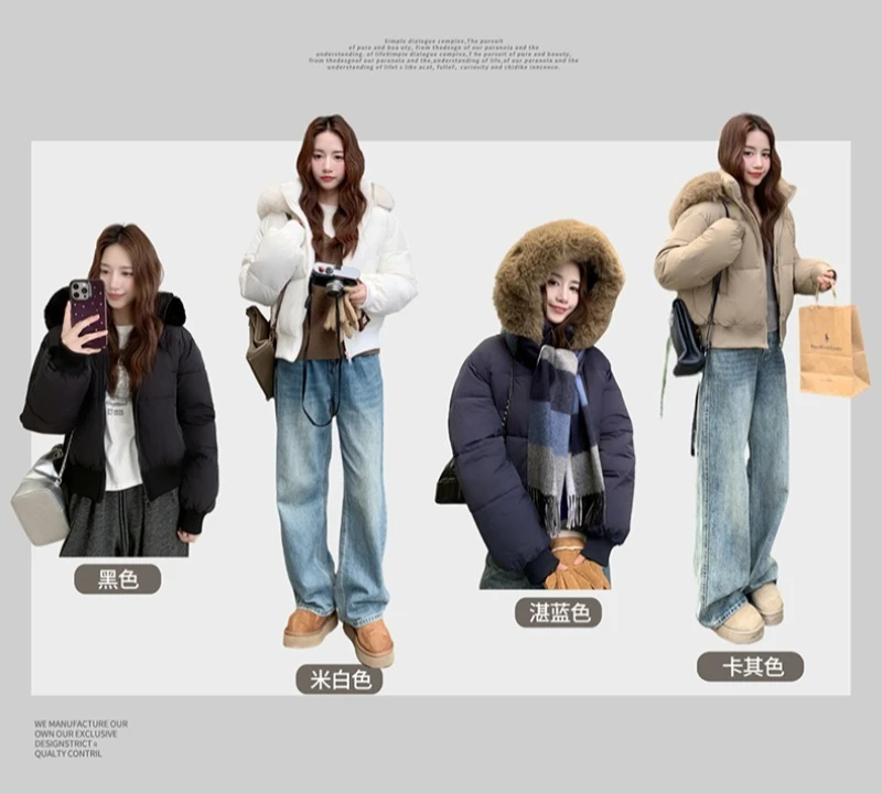 厚手の暖かいパーカーショートダウンジャケット大きな毛皮の襟フードカジュアル無地作業服コートシックなストリートウェアロパインヴィエロムヘール