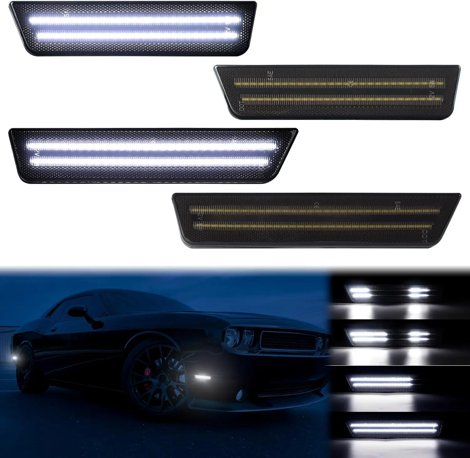 

4Pcs Smoke Lens Front Rear Bumper White LED Side Marker Light Lamp For Dodge Challenger 2008 2009 2010 2011 2012 2013 2014