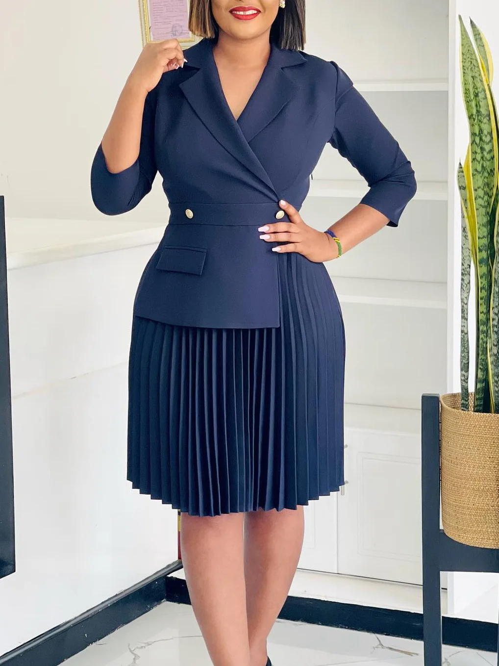 Autumn Fashion Light Mature Temperament High Quality Pleated Dress with Suit Collar A-Line Skirt Solid Color