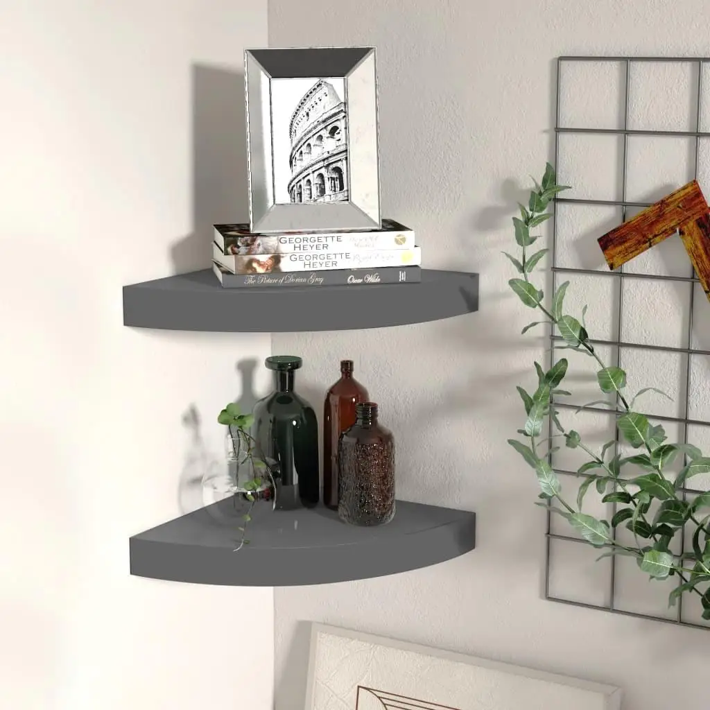 Set of 2 High Gloss Grey Floating Corner Shelves 25x25x3.8 cm MDF - Modern Home Storage