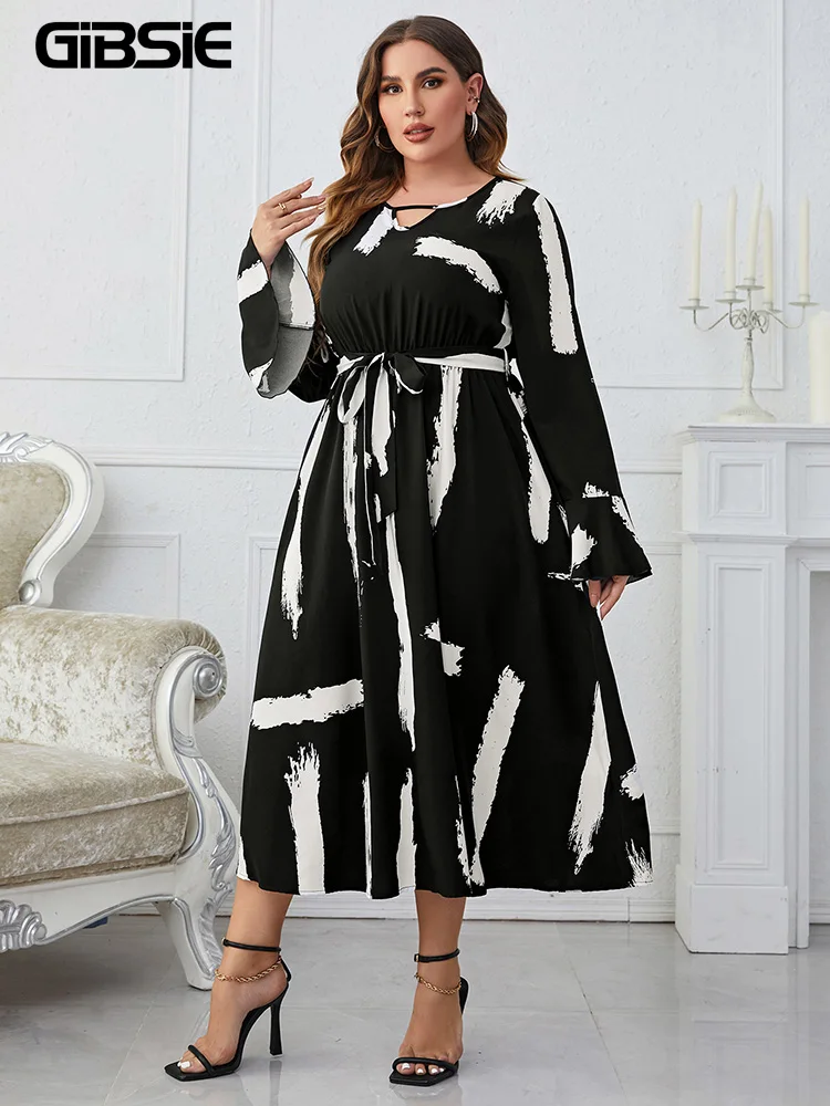 GIBSIE Plus Size Keyhole Neck Print Belted Dress Women Spring Full Flare Sleeve Elastic A-line Female Casual Long Dresses 2023