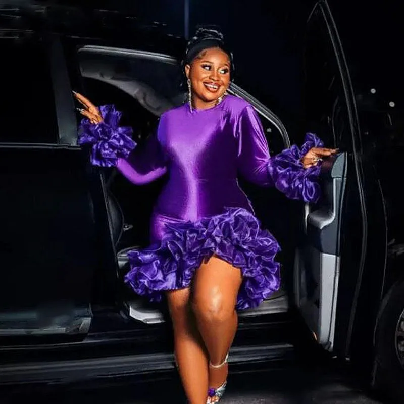 Purple Velvet Short Cocktail Dresses Ruffles Tiered Mini Aso Ebi Birthday Party Dress With Long Sleeves robes de cocktail