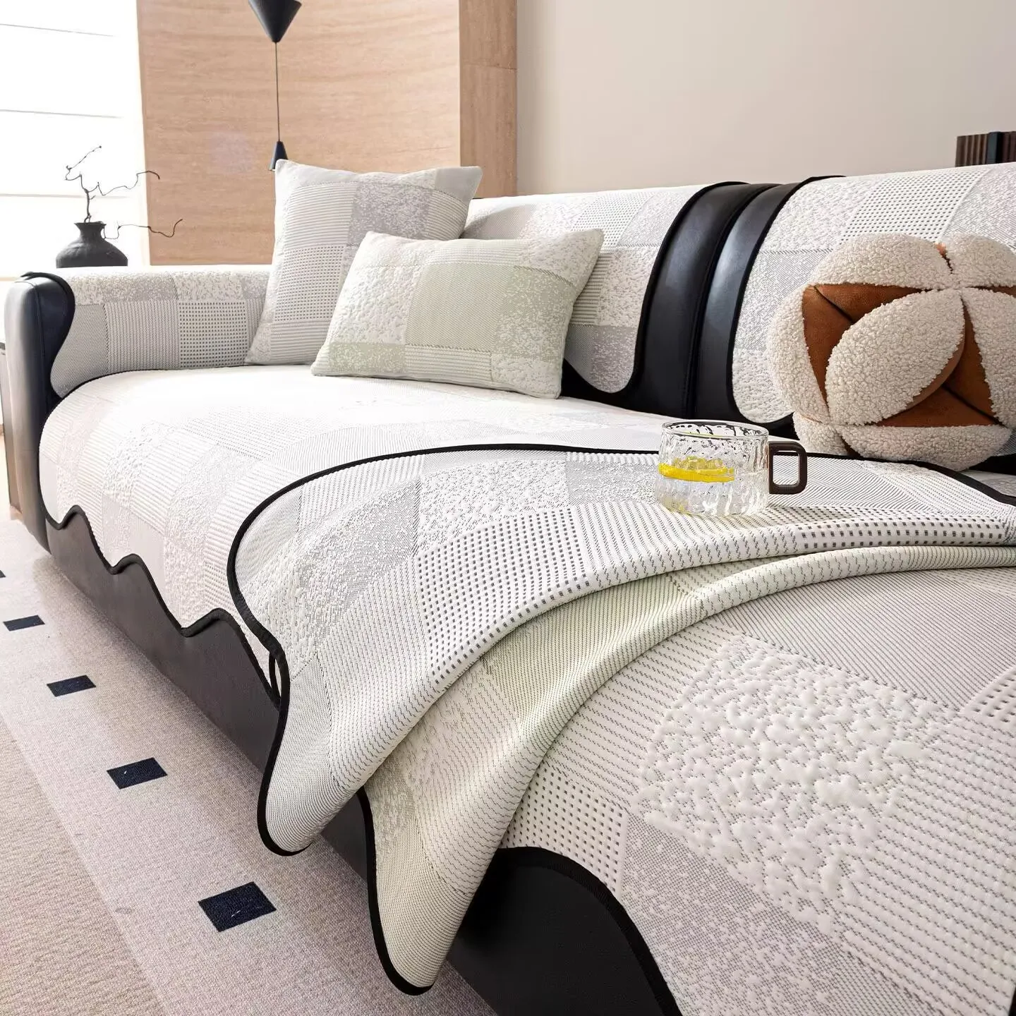 Ice Silk Sofa Pad Color-blocked Large Grid Cooling Seat Cushion Non-slip Couch Sectional Irregular Edged Seat Protector Covers