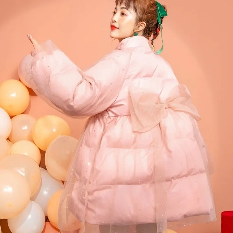 Women's Winter Cotton Coat Top Coat Net Yarn Splicing Bowknot Padded Thickened Warm Fashion Comfortable Versatile Vintage Trend