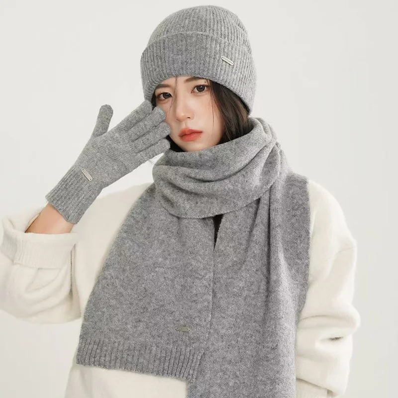 Neue Strickmütze, Schal, Handschuhe, dreiteiliges Set, einfarbige Wolle, Herbst und Winter, warm, vielseitig, einfarbig, Weihnachtsgeschenkset