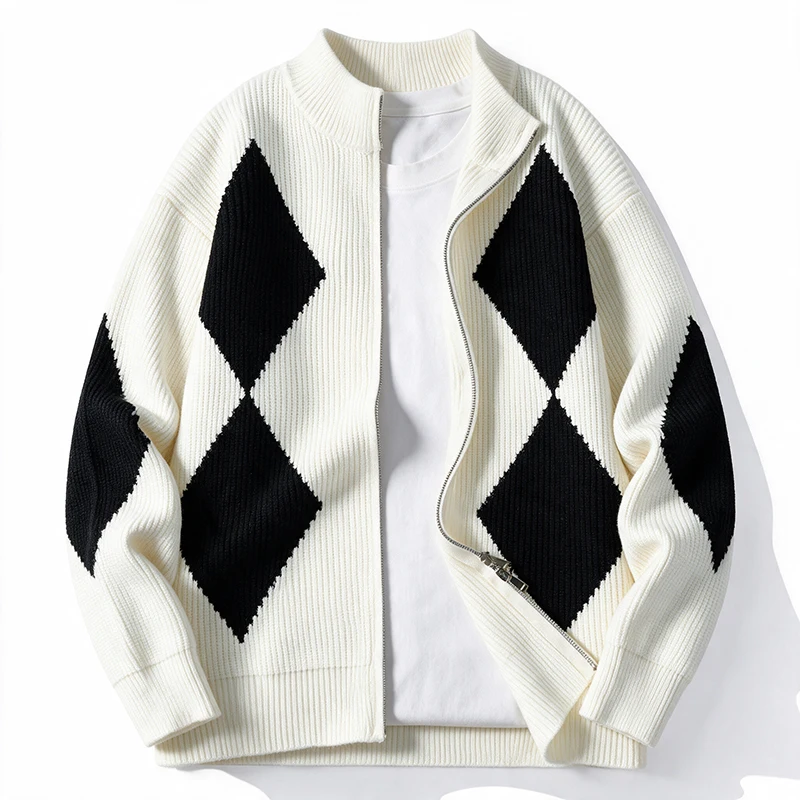 2026 New Fall Winter High End Luxury Knit Cardigan Man Thick Warm Mens Sweatercoat Korean Fashion Argyle Male Zipper Jacket Coat view 5
