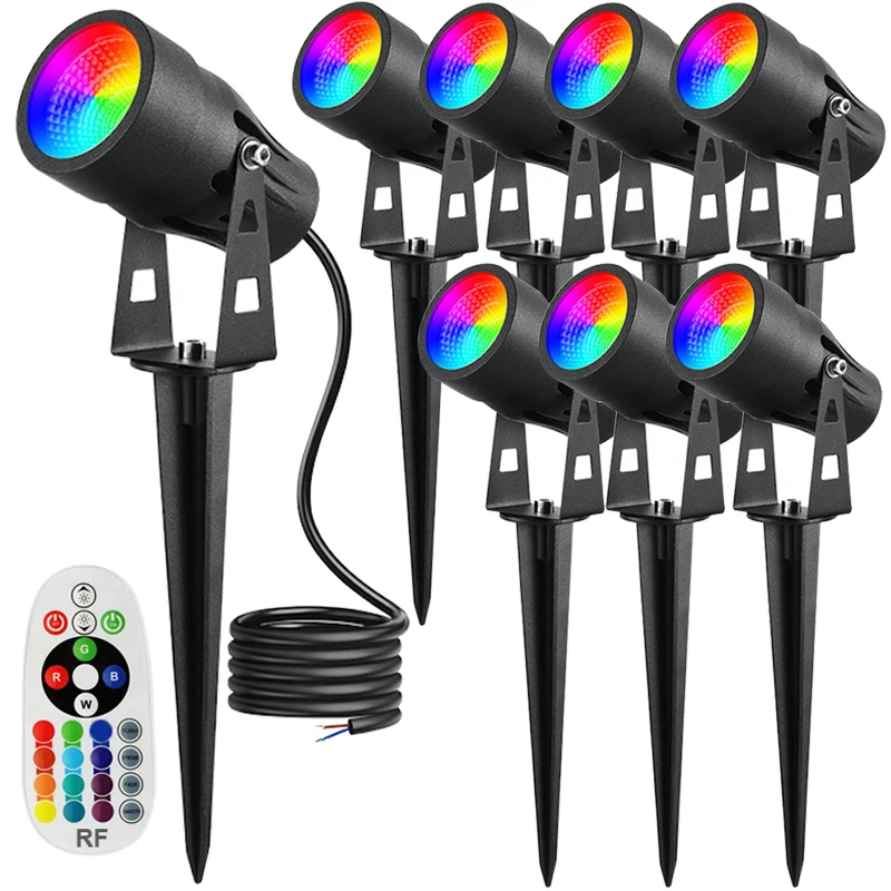 RGB Outdoor Spotlight LED Lawn Lamp with Spike 6W 12V Color Change Waterproof Garden Path Landscape Spot Light with Remote 8pcs