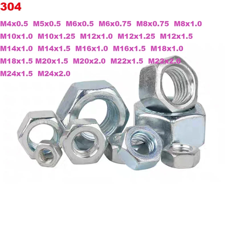 304 Stainless Steel1/2/5/10-100Pcs M4x0.5 M5x0.5 M6x0.5 M6x0.75-1I2-12 Fine Teeth /U.S. Standard/Imperial System Hex Hexagon Nut