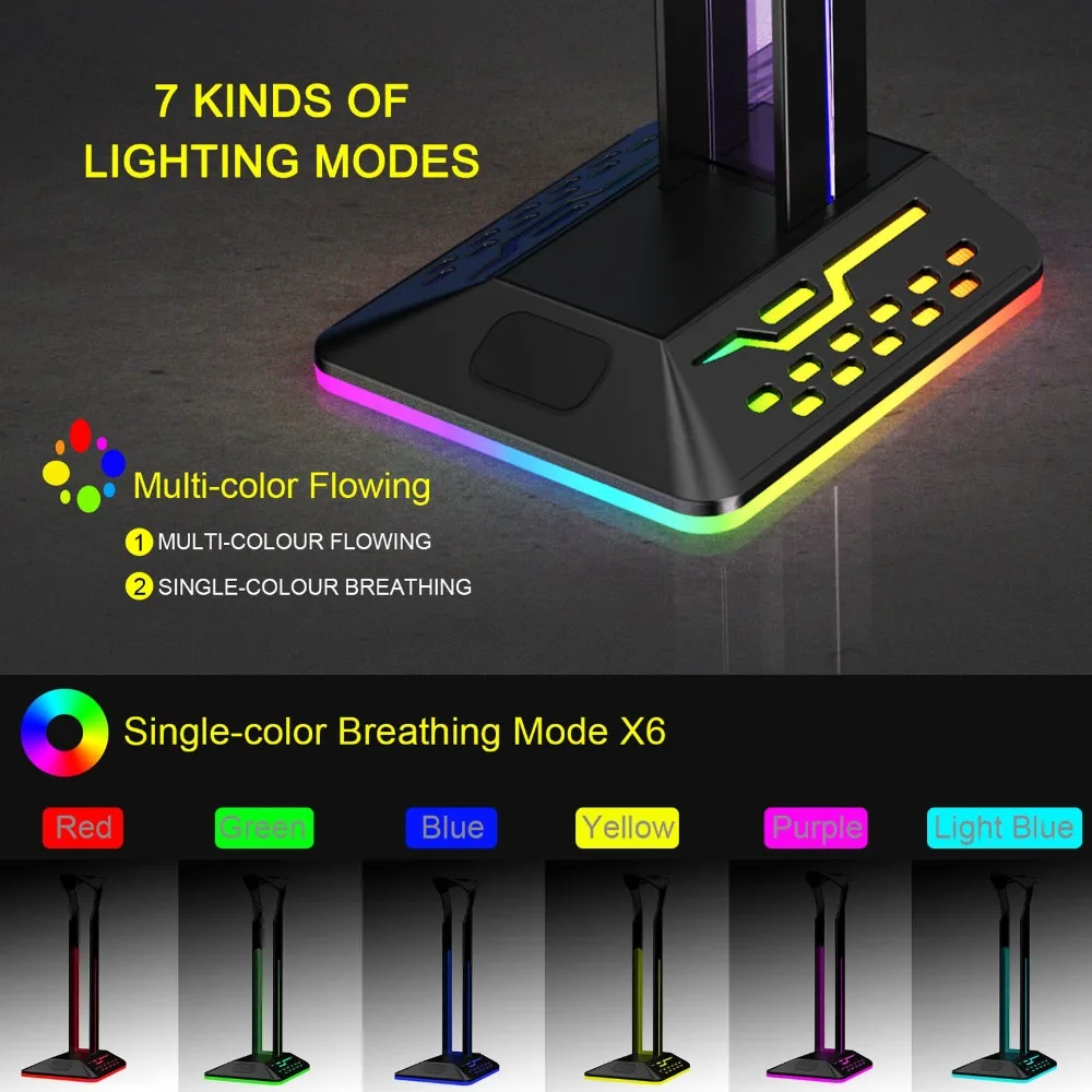 2 USB 2.0 Ports Universal Desktop RGB Headphone Stand Multi Light Mode Adjustable Gaming Headset Holder LED Headphone Holder view 5