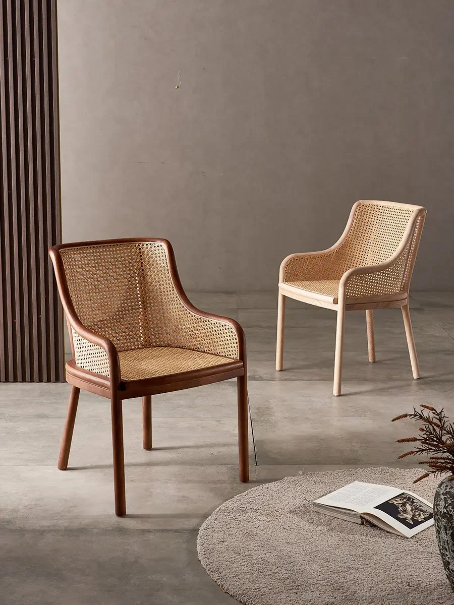 Dining chair rattan chair, retro high backrest bed and breakfast restaurant table and chair, solid wood soft bag medieval