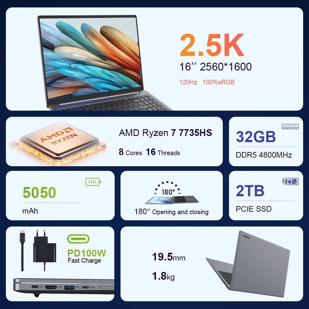 Picture 4: Ninkear A16Pro Laptop 16 inch 2.5K 120Hz AMD R7 7735HS WiFi 6 32GB DDR5 RAM 2TB SSD Laptop Windows 11 Notebook Office Computer