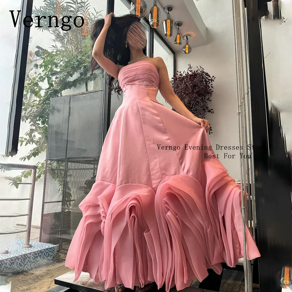 

Verngo Pink Satin Evening Dress For Women Strapless A Line Prom Gown Simple Saudi Arabic Formal Occasion Dress