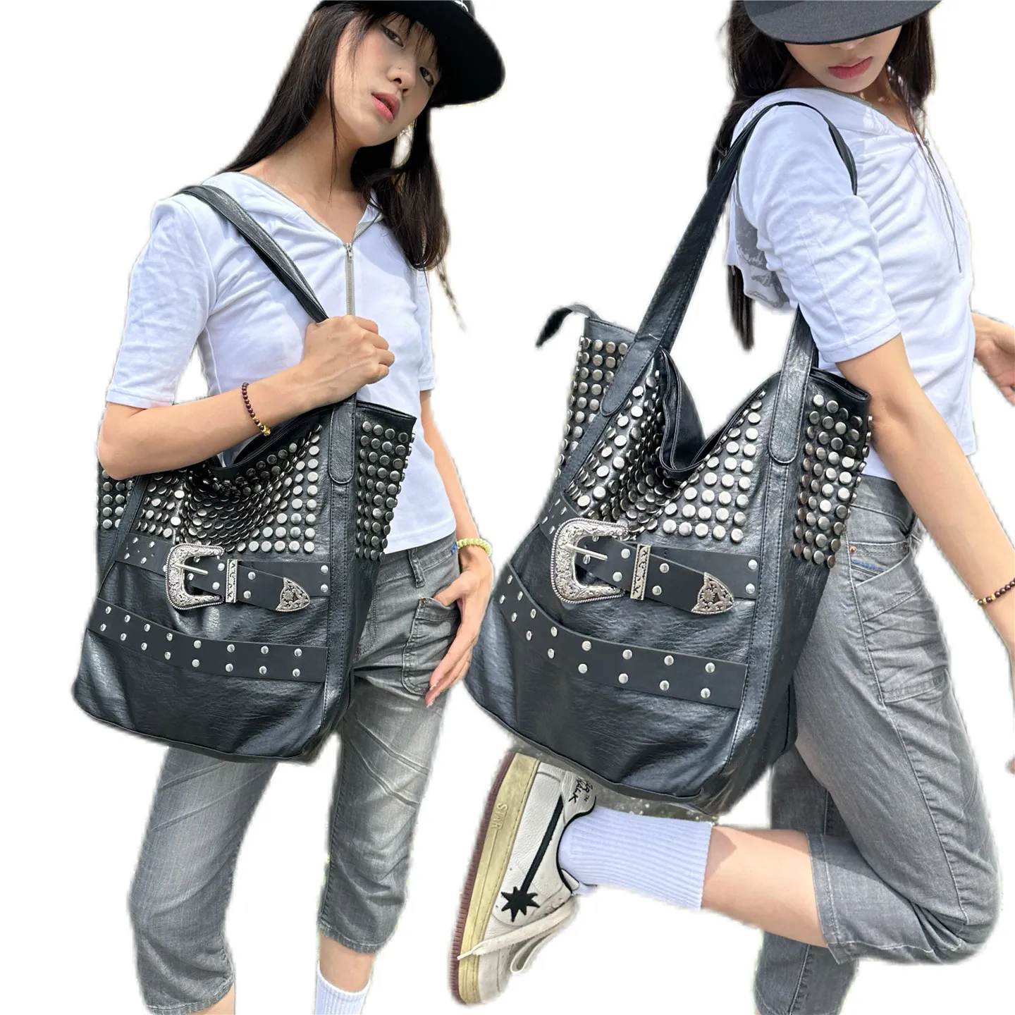 

Y2K Star Tote Bag Shoulder Locomotive Goth Soft Leather Large Capacity Commuter Shoulder Bag Women
