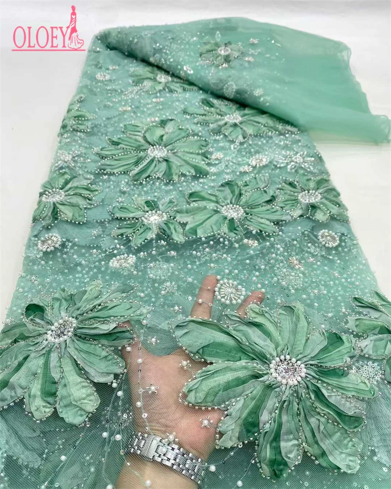 

OLOEY High Quality Fashion African Beaded Tulle Embroidery 3D Flower Lace Fabric for Wedding Dress Party Sewing