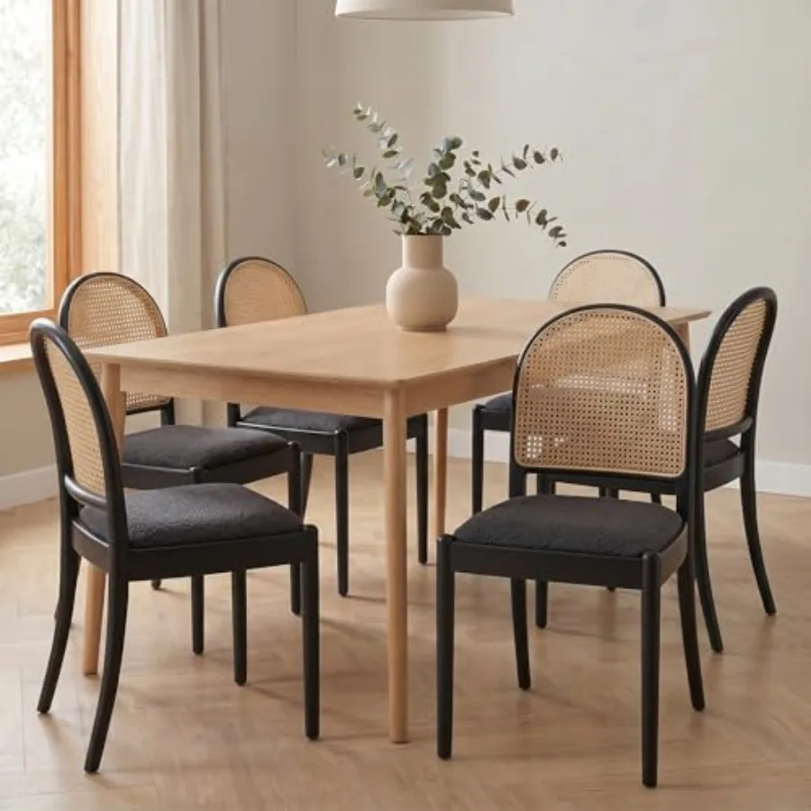 

Rattan Dining Chairs Set of 6, Farmhouse Mid Century Modern Wooden Chairs with Cane Back and Boucle Upholstered Seat for Kitche