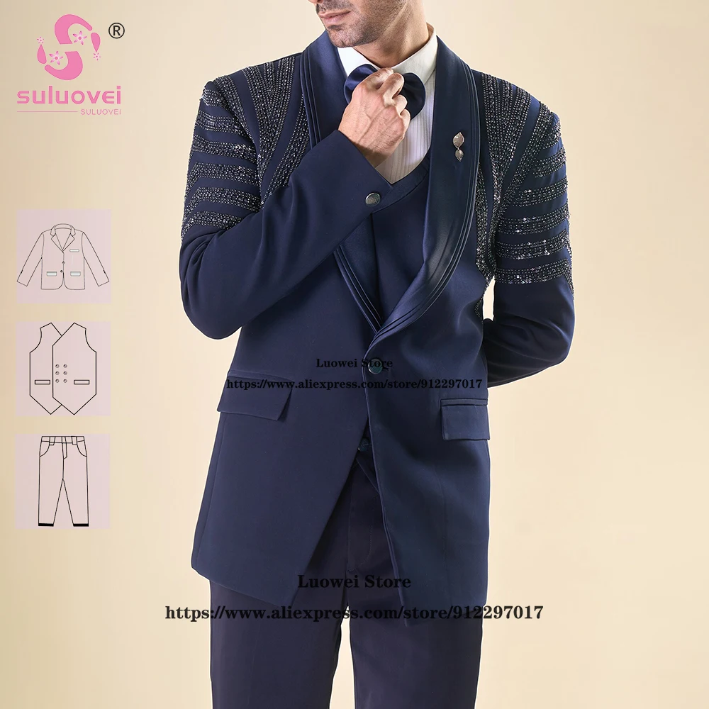 

Роскошные приталенные костюмы из бисера для мужчин Элегантный комплект из 3-х предметов куртка Жилет Брюки Формальные женихи Свадебные смокинги с шалью и лацканами Мужской блейзер