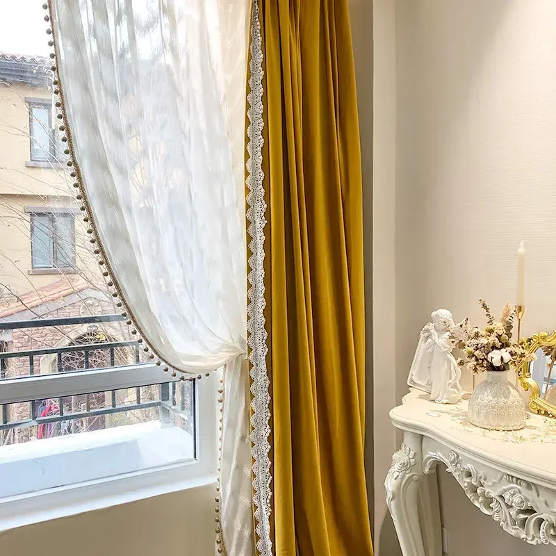 

French Ginger Velvet Luxury Blackout Curtains for Living Room Bedroom Vintage Thick Fabric Flannel Fashion Lace Tulle Custom