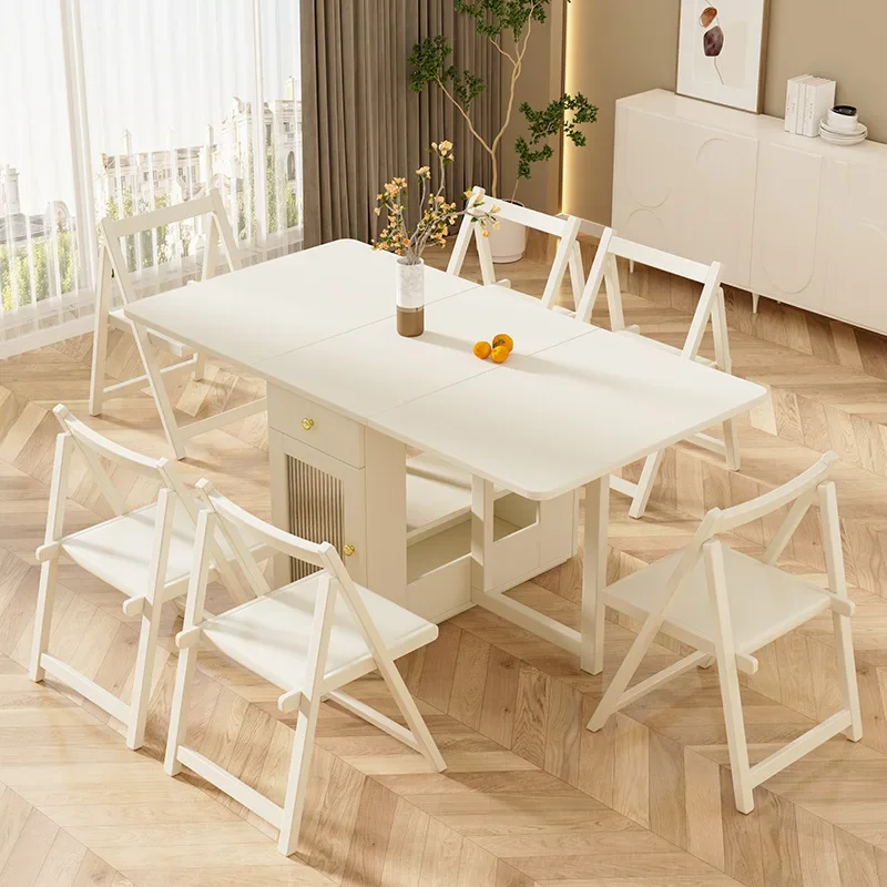 Solid Wood Rock Slab Folding Dining Table Household Small Apartment Dining Table Cream Wind Removable Multi-functional Storage D