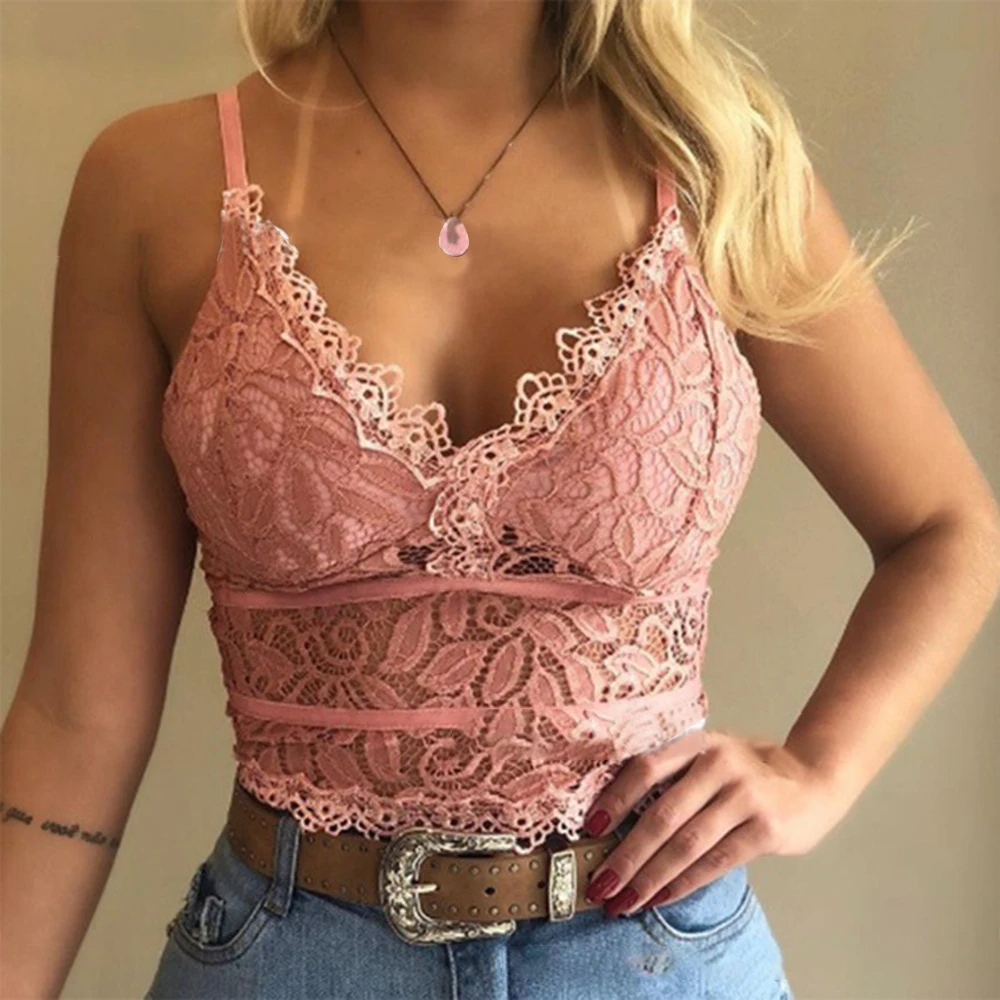 Women Sexy Sling Lace Camisole Vest Summer Sleeveless Street Casual Ladies Vest/Sling Solid Slim V-Neck Strappy Sleeve Crop Tops