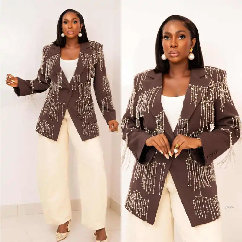

Design Brown Women Suit 1 Piece Jacket Beads Tassel Pearls Formal Office Lady Jacket Wedding Bride Party Coat Customized
