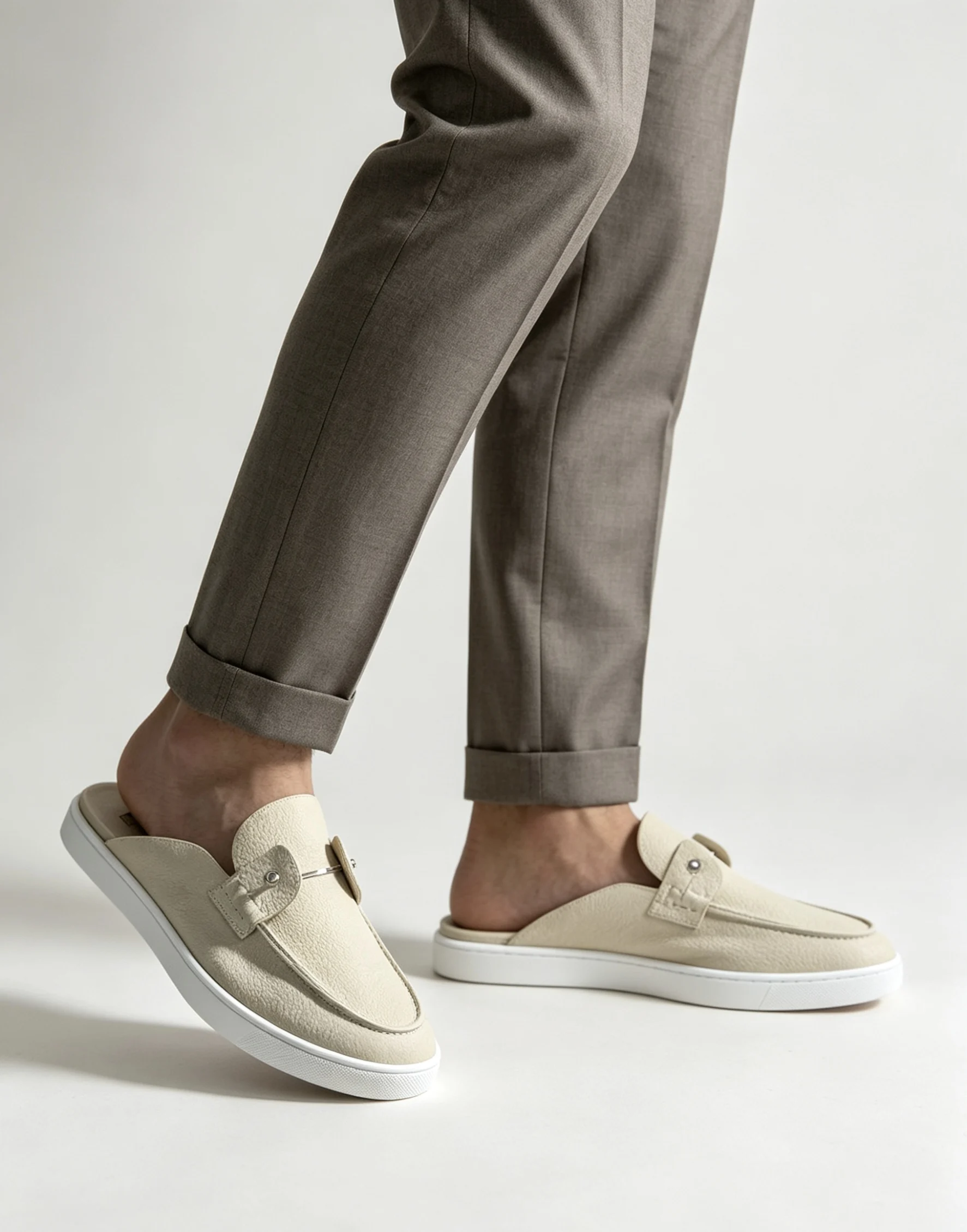 Luxury Beige Leather Mule Loafers, Men Metal Buckle Shoes Slip On Loafers, Red Bottom Casual Backless Flat Shoes for Summer