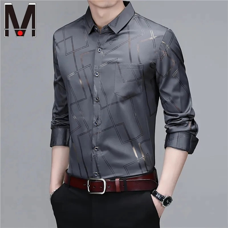 Camisa masculina casual e elegante de manga comprida estampada, top de negócios sem engomar e resistente a rugas