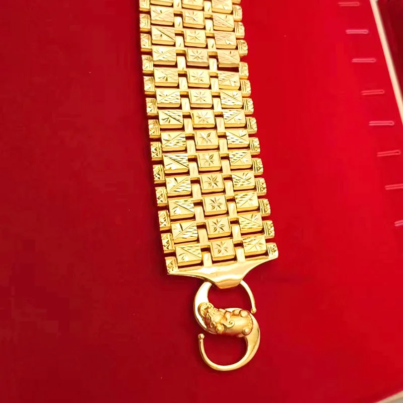 9999 gold fashionable ultra-wide men's bracelet watch chain with decorative flowers - boss's bracelet