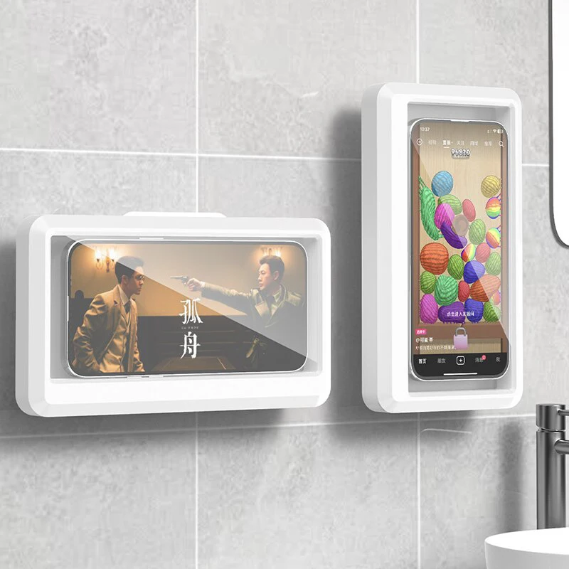 Phone Holder Bathroom Waterproof in Home Wall Phone Case Stand Self-adhesive Touch Screen Phone Shell Shower Sealing Storage Box