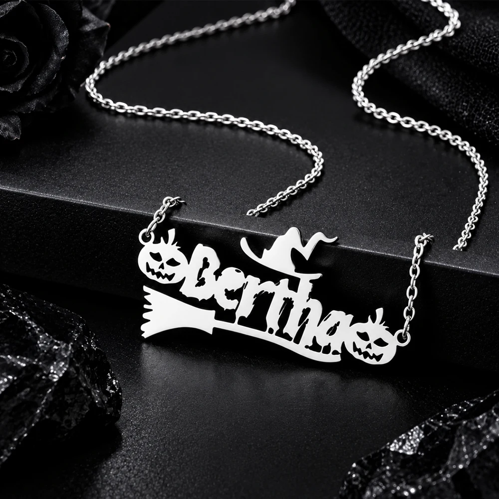 Women's Custom Name Halloween-Themed Necklace with Wizard Hat Pumpkin Lantern Symbol Personalized Chain Nameplate Chocker