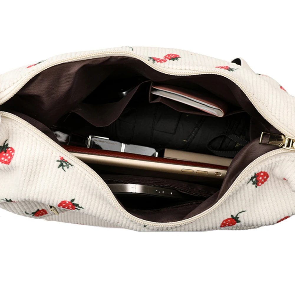 

Women Corduroy Strawberry Bag Multi-Pocket Crossbody Bag Adjustable Strap Hobo Bag Handbag for Work Travel