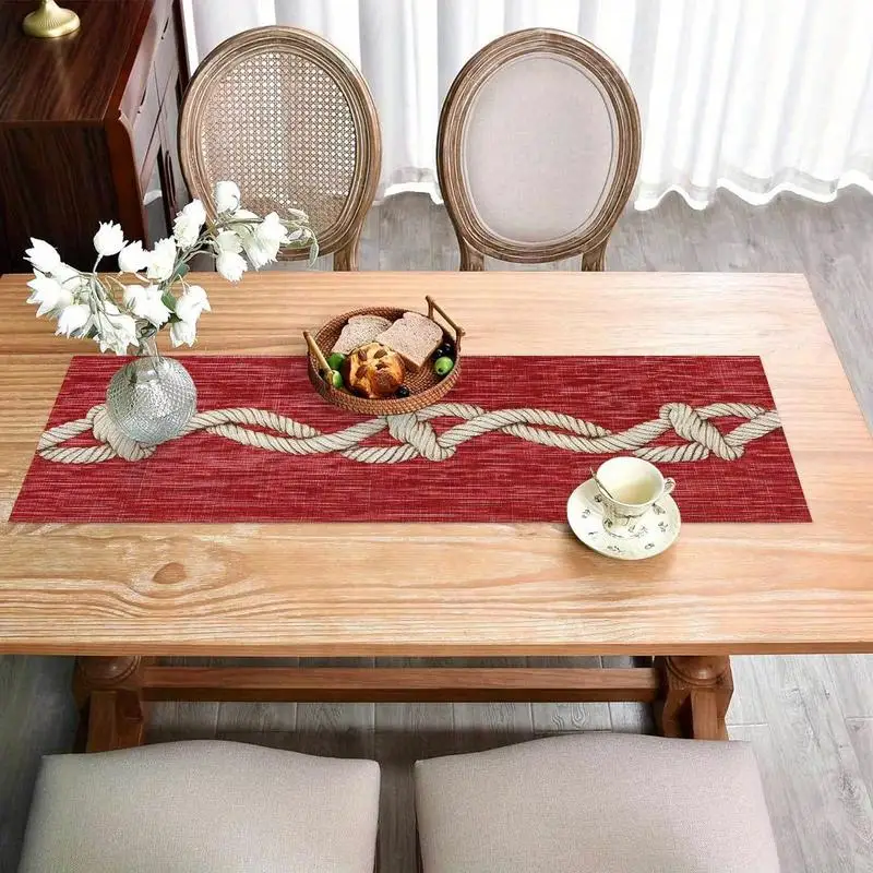 

Nautical Rope Knot Print Table Runner, Red Retro Mediterranean Style Tablecloth Women's clothing