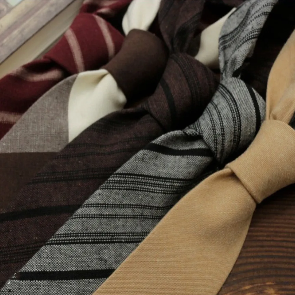 Cotton Linen Brown Ties For Men Formal Dress 7cm British Casual Necktie Striped Plaid Cravat Women College Style Shirt Neckwear