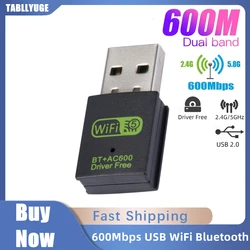 Adaptador USB WiFi Bluetooth 600 de 5,0 Mbps, Dongle de banda Dual, 2,4G/5GHz, 150Mbps, red WiFi, receptor Wlan inalámbrico sin controlador