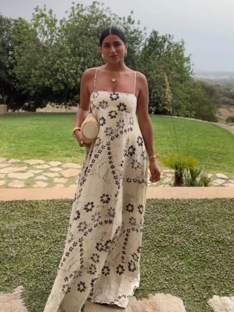 Vestido de tirantes con estampado Floral para mujer, vestido blanco sin mangas con Espalda descubierta, corte en A, largo hasta el suelo, elegante e informal, para vacaciones y graduación