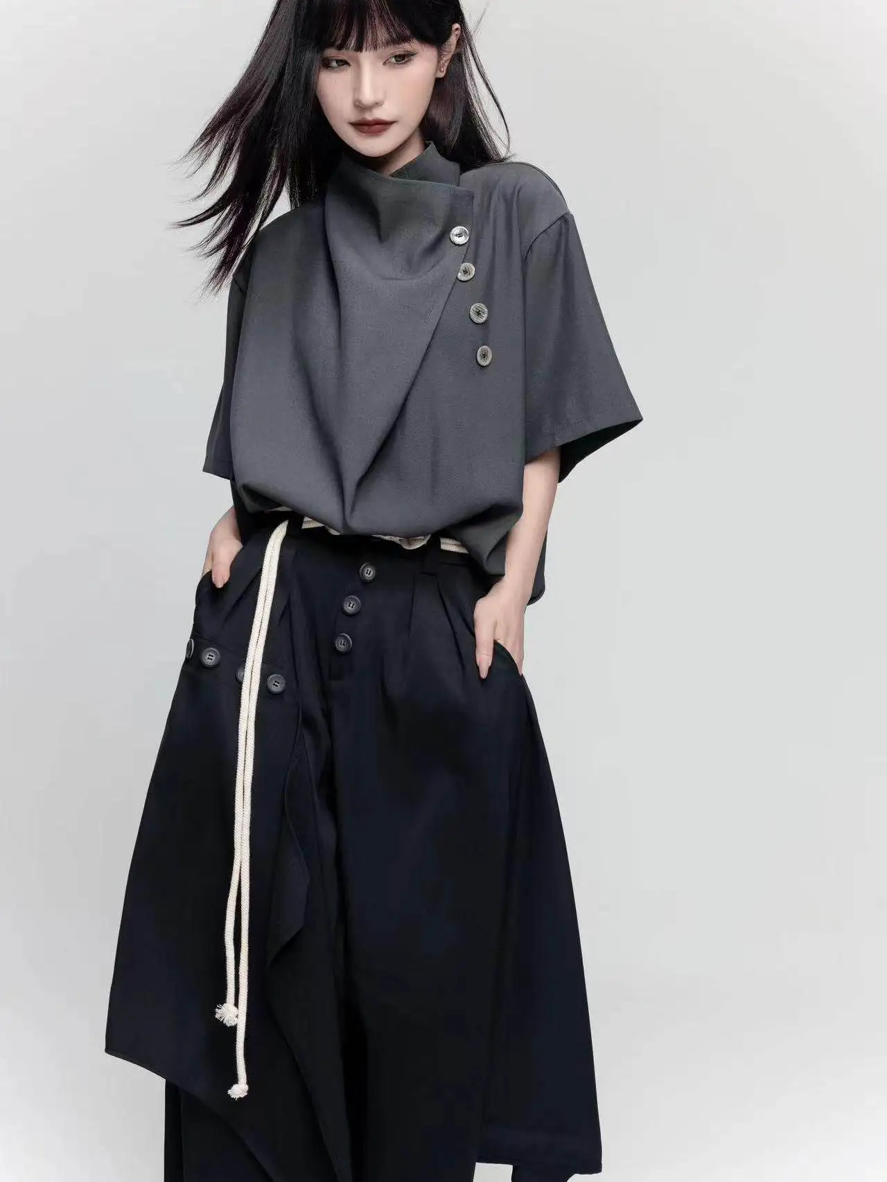 Loose Fit Unisex Short Sleeve Shirt Asymmetrical Design Cool Feeling Polyester Fabric Chinese Style Top for Summer