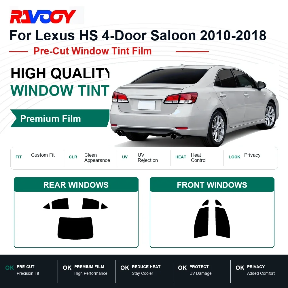 RAVOOY Precut Window Tint, Reusable Removable EPU Film, Custom Fit for Lexus HS Hybrid 2010-2012, UV Heat Protection