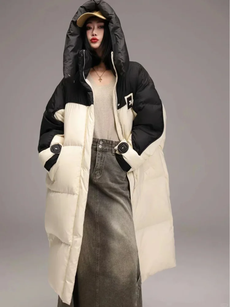 Winter Jacket for Women Thickened Hooded Long Down Coats White Duck Warm Knee-length Color Splicing Winter Jackets Snow Coat