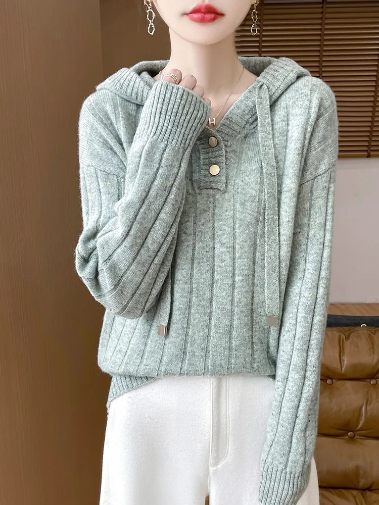 

Merino 100% Wool Women's Hooded Pullover Casual Fashion Autumn Winter Thick Warm Tied Button Hoodie Knitted Sweater
