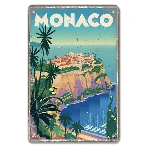 Monaco Rivera Tin Metal Sign Scenic Artwork Man Cave Wall Art
