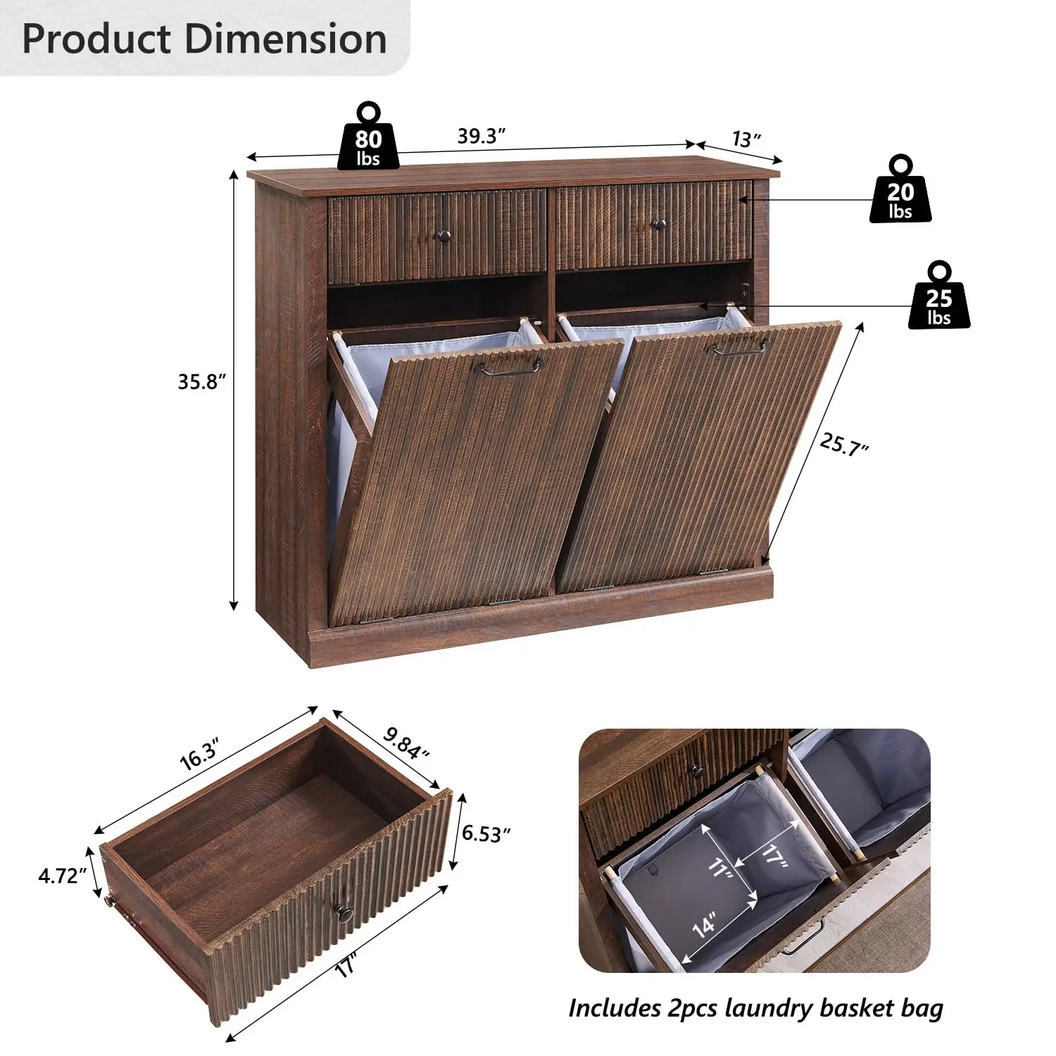 Modern Double Tilt-Out Trash Cabinet, 20 Gallon Fluted Laundry Hamper Cabinet with 2 Drawers, Wooden Hidden Garbage Can