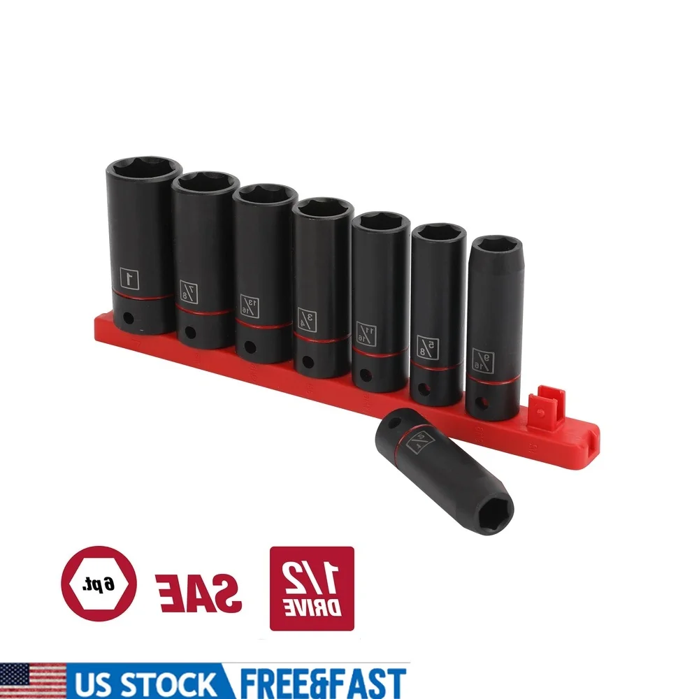 

Набор ударных розеток с глубоким приводом 1/2 дюйма, 9 предметов, стальной цветной диапазон Cr-V, быстрая идентификация включает в себя многоразовую розетку