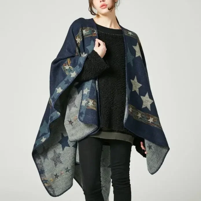 

TEELYNN Boho Star Pattern Knit Shawl Cape Cardigan Women Outwear Autumn Winter 2024 Vintage Scarves Ponchos Cloak Scarf Pashmina