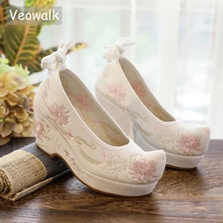 Veowalk 8cm Wedges Women Cotton Fabric Platform Shoes Vintage Ladies Ankle Strap Pumps Comfortable Embroidered Hanfu Shoes