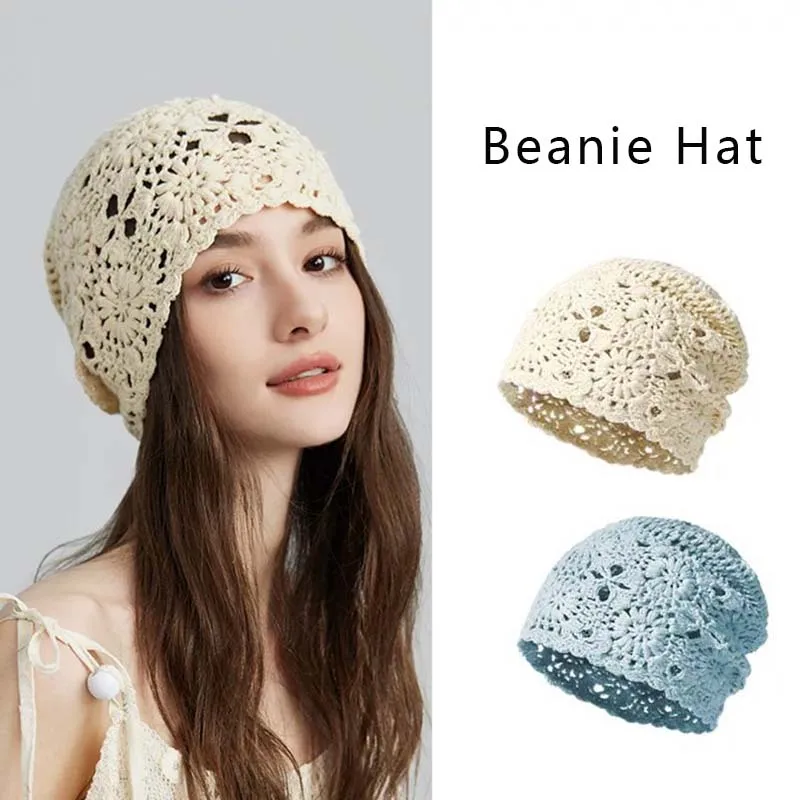 Damska ręcznie robiona na szydełku czapka beanie, cienka koronkowa czapka typu slouchy/turban na wiosnę i lato, kwiatowa, oddychająca czapka typu skull wrap