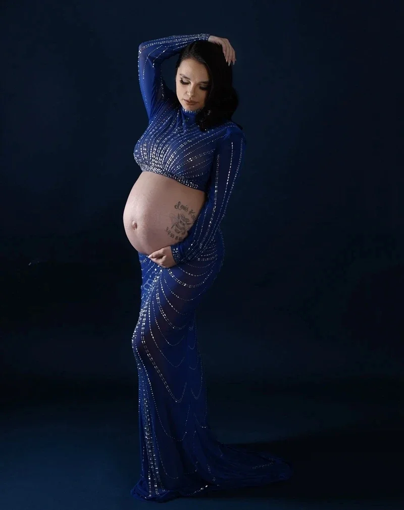 Tulle Hot Fix Crystal Maternity Photoshoot Dress Set Rhinestone Stretchy Pregnancy Photography Outfit Cut Out Women Evening Gown