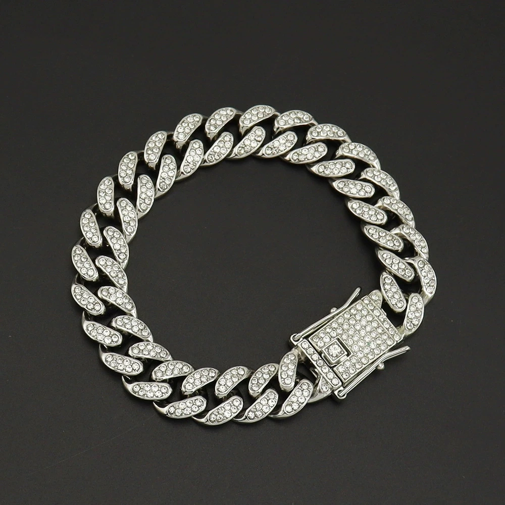 Full Crystal Stone Cuban Chain Hip Hop Bracelet For Men Silver Color Metal Link Chain Rhinestone Luck Closure Mens Bracelet