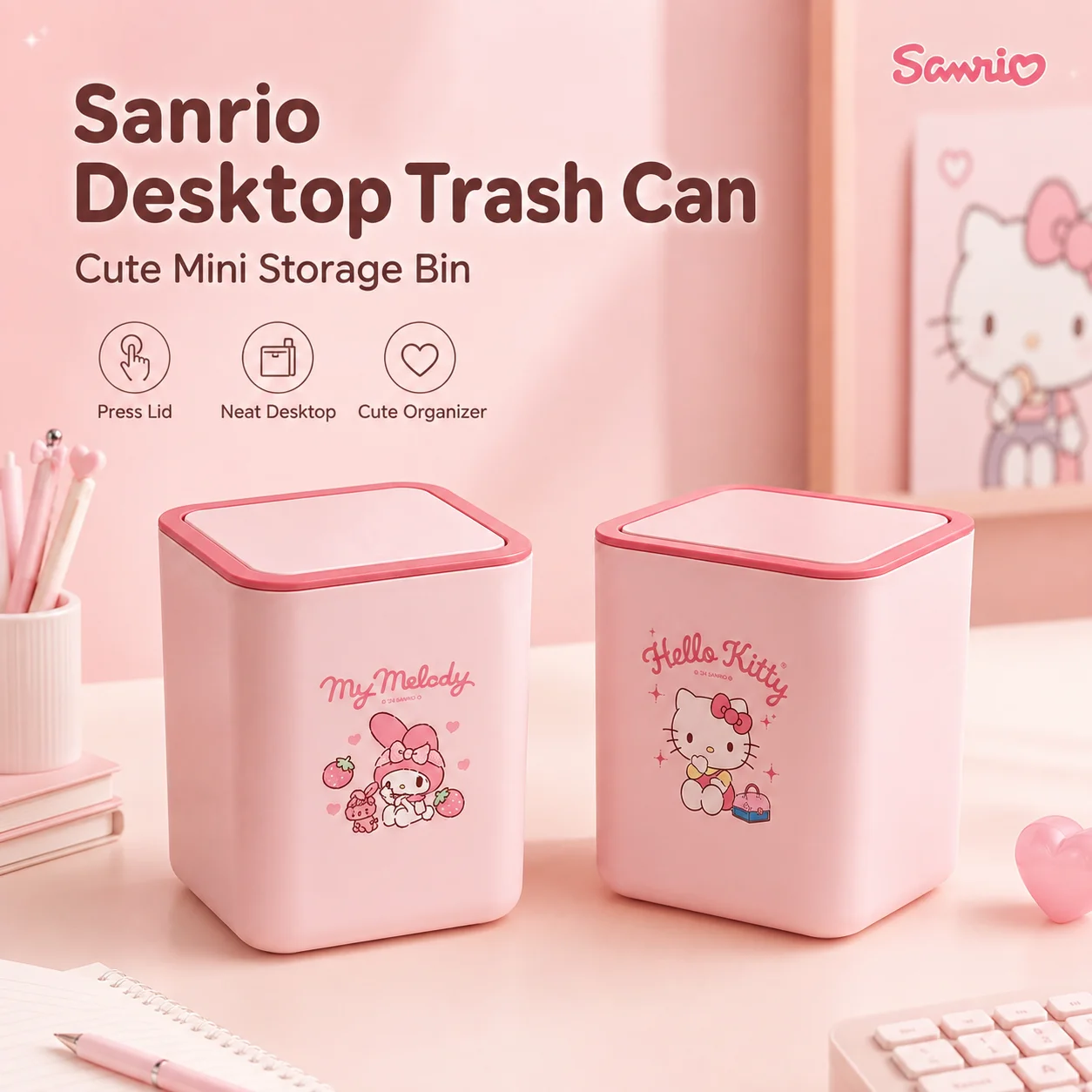 Sanrio Hello Kitty My Melody Desktop Trash Can Press‑Lid Waste Bin Small Tabletop Garbage Container Desk Dorm Room Organizer