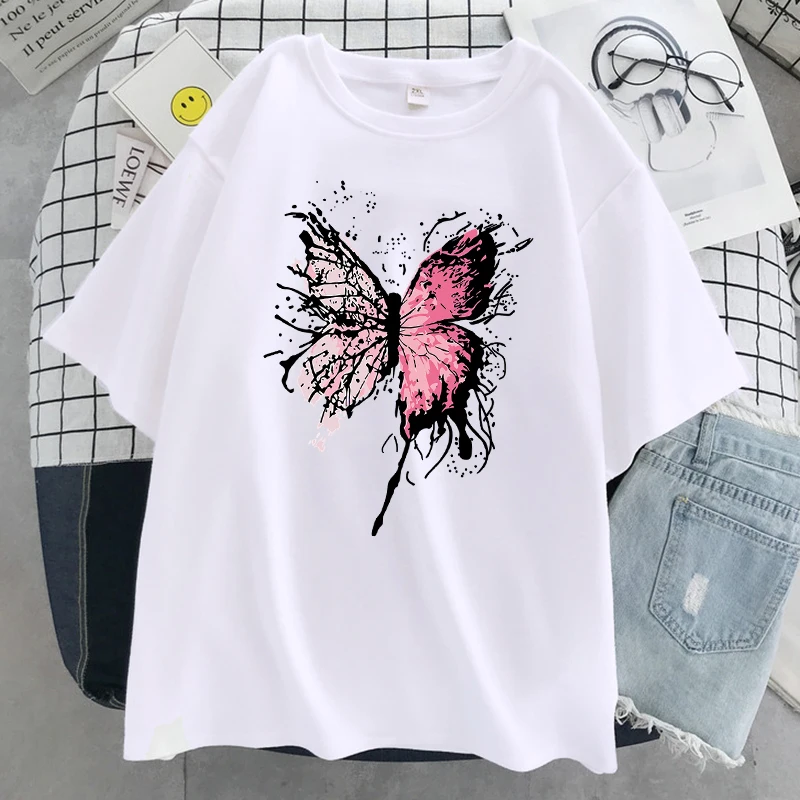 Pink Harajuku Butterfly T-Shirt Women Casual Breathable T Shirt Street Hip Hop Short Sleeve Cotton Cool Oversized Tshirt